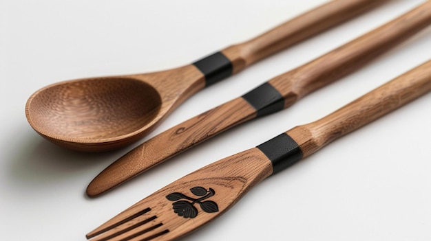 a set of wooden spoons with a black handle