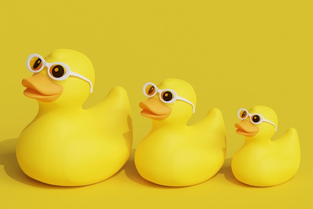 PSD set of yellow rubber duck toys wearing sunglasses 3d rendered illustration on the yellow background