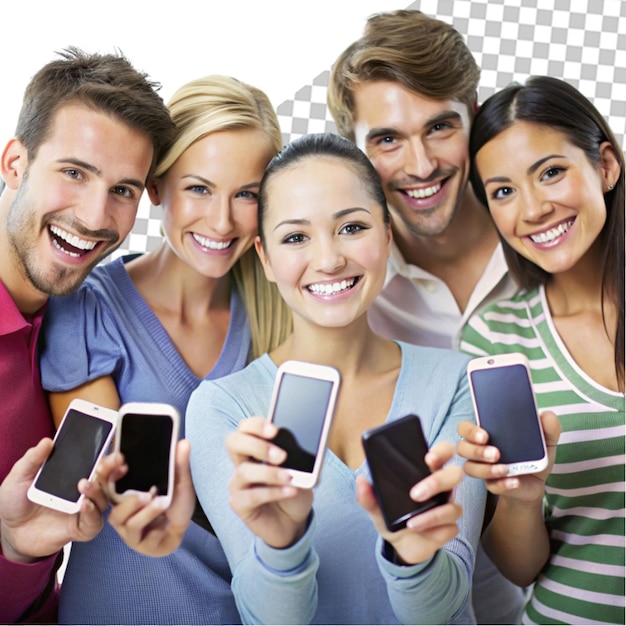 Set of young people using smartphones on transparent background