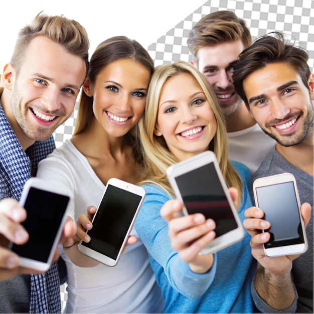 Set of young people using smartphones on transparent background