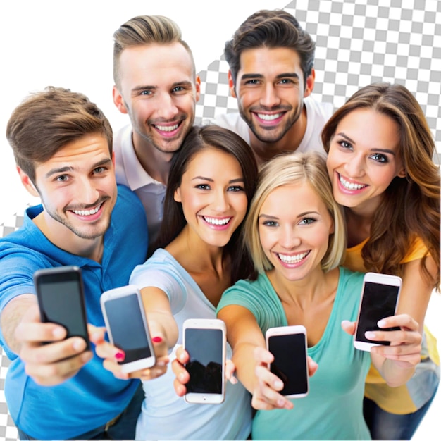 Set of young people using smartphones on transparent background