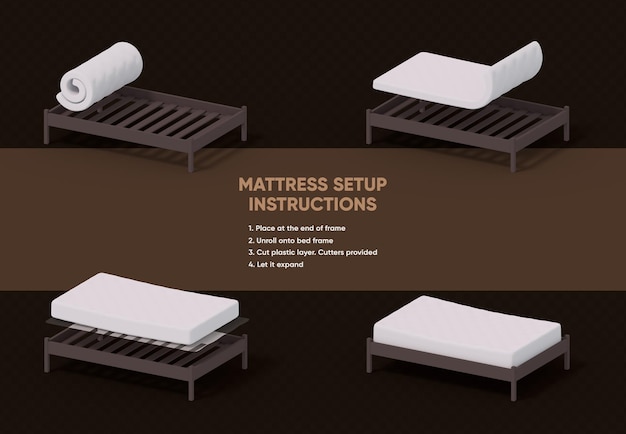 Setting up of a compressed foam mattress fully expand on the bed Left view