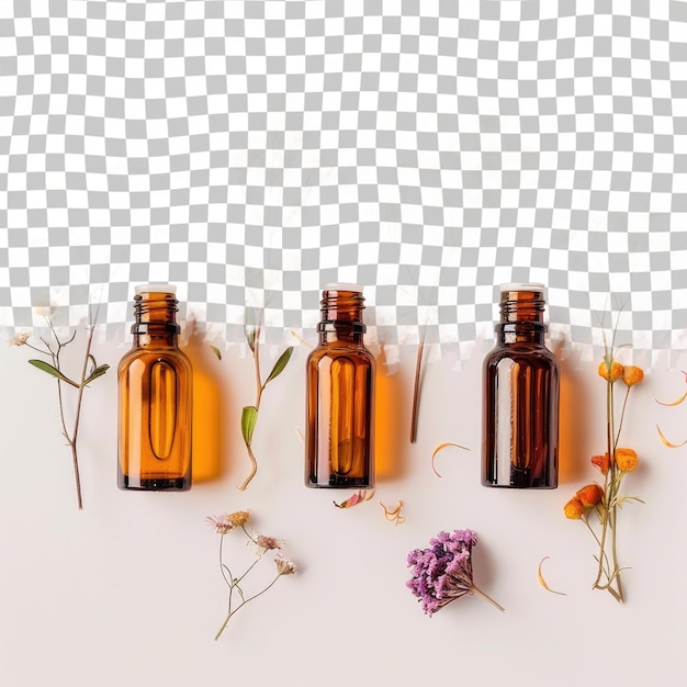 several bottles of amber colored bottles with flowers on a checkered background