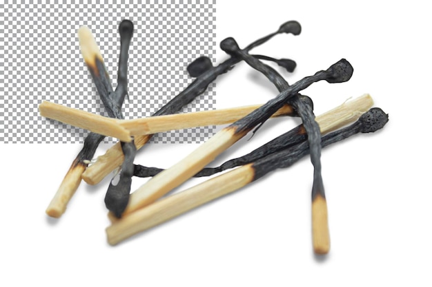 Several burnt matches randomly lying on a transparent background