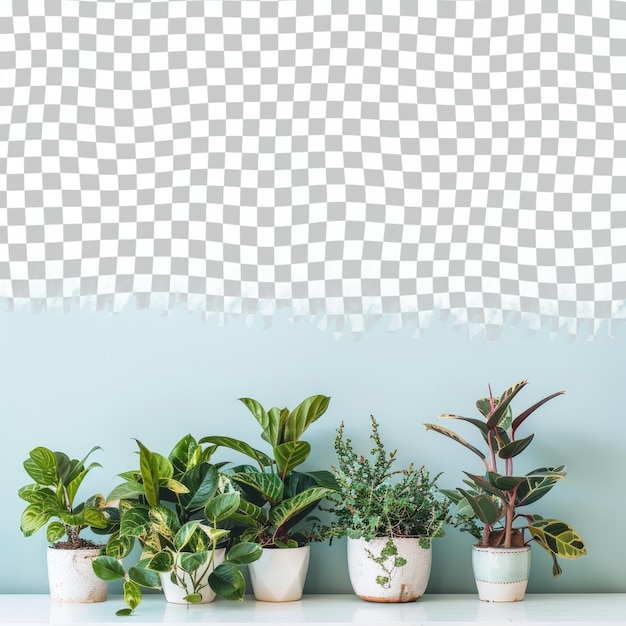 several plants are lined up on a shelf one of which has a white background with a checkered pattern