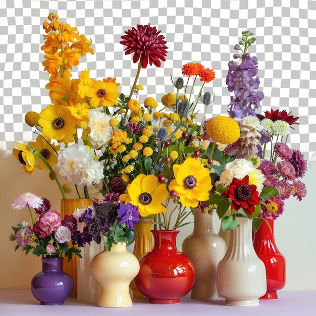 PSD several vases with flowers and one has a white background with a checkered pattern