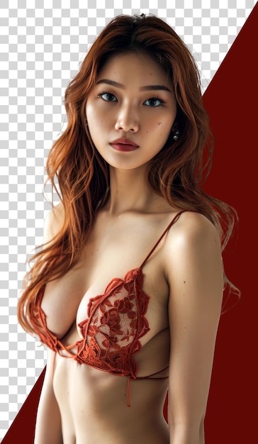 PSD a sexy asian woman in a red lingersuit posing isolated on transparent background png