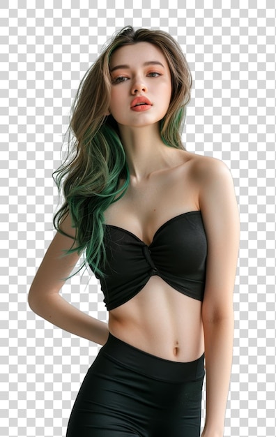 A sexy woman in a black bikini top and black shorts isolated on transparent background PNG