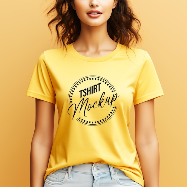 Sexy woman in a white Tshirt on the orange background Mockup