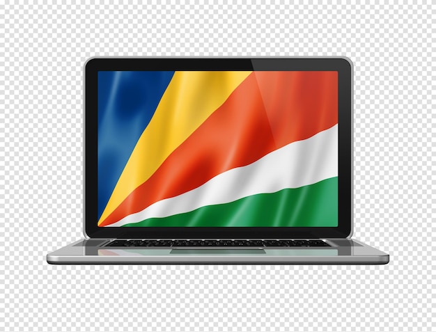 Seychelles flag on laptop screen isolated on white 3D illustration