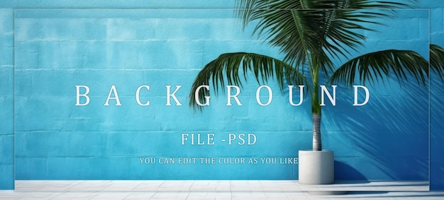 shadow blue color wall and palm tree concept for advertising and banner