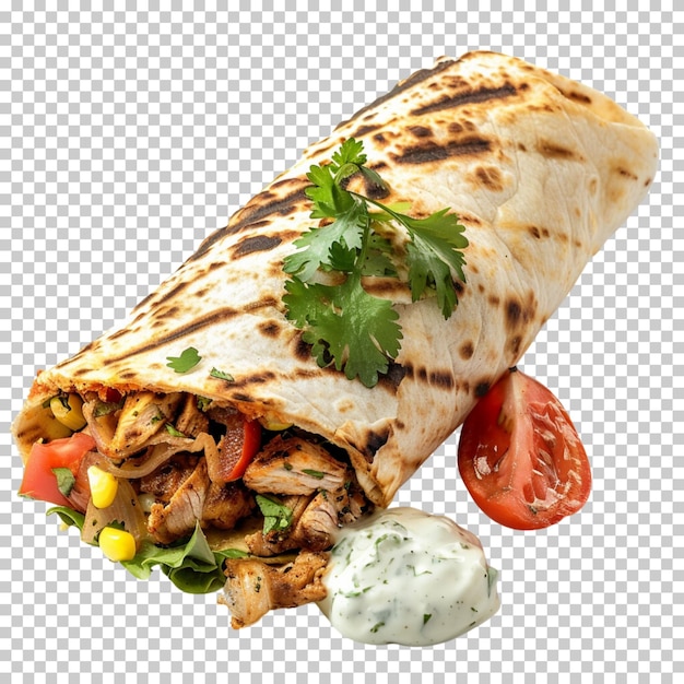 Shawarma with chicken and vegetables grilled isolated on transparent background