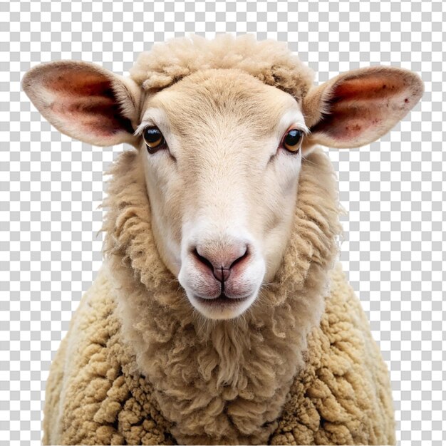 PSD sheep face with pink nose and brown eyes on transparent background