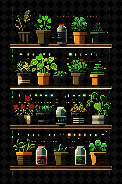 a shelf of plants and pots with a plant on the shelf