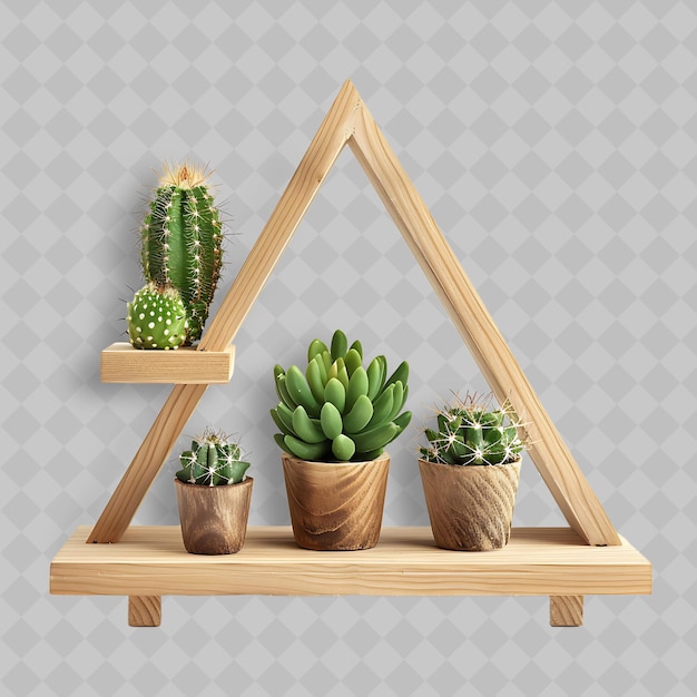 PSD a shelf with cactus and a wooden frame with a pyramid on it