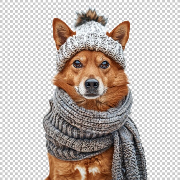 PSD shiba inu dog in gray knitted hat and scarf isolated on transparent background