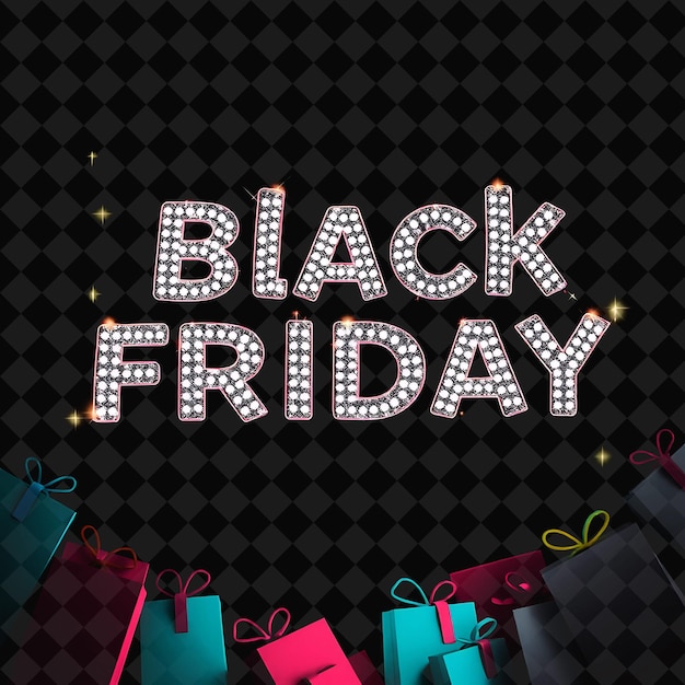 PSD shimmering black friday text sparkles in neon vibrant black and gray surrounded by kawaii shopping b