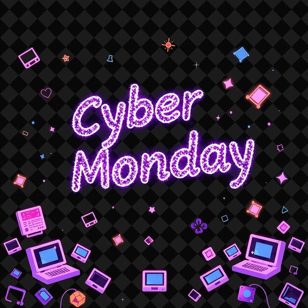 PSD shimmering cyber monday text sparkles in neon vibrant purple and lavender surrounded by kawaii compu