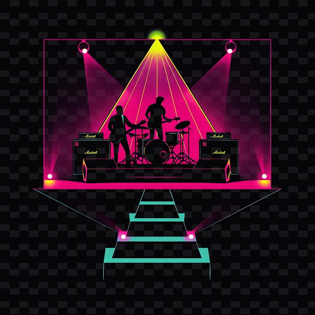 PSD shimmering neon fundraiser with a live band landscape inside neon line art city view background