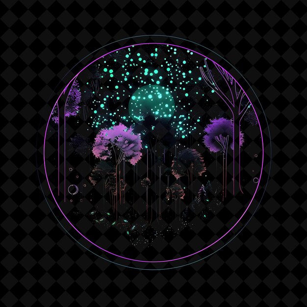 PSD shimmering neon quantum forest in a circular silhouette land png neon artistic landscape