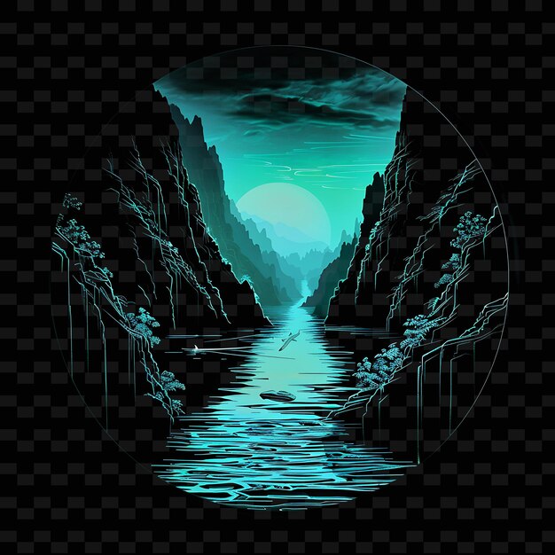 PSD shimmering neon river canyons inside a silhouette circle lan illustration nature landscape designs