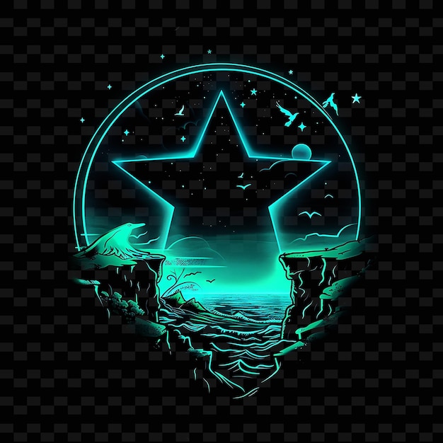 PSD shimmering neon sea cliffs inside a silhouette star landscap illustration nature landscape designs