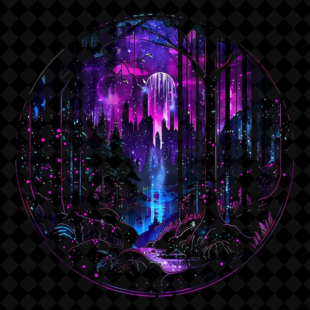 Shimmering Neon Stained Glass Forest in a Circular Silhouett PNG Neon Artistic Landscape