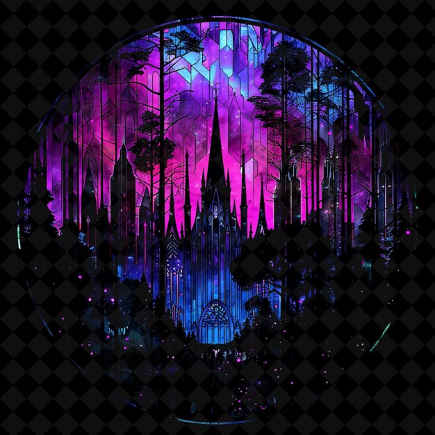 PSD shimmering neon stained glass forest in a circular silhouett png neon artistic landscape