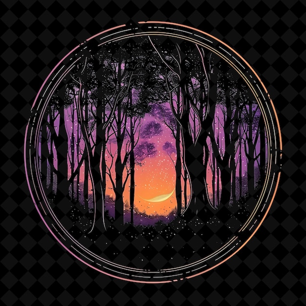 PSD shimmering neon surreal forest in a circular silhouette land png neon artistic landscape