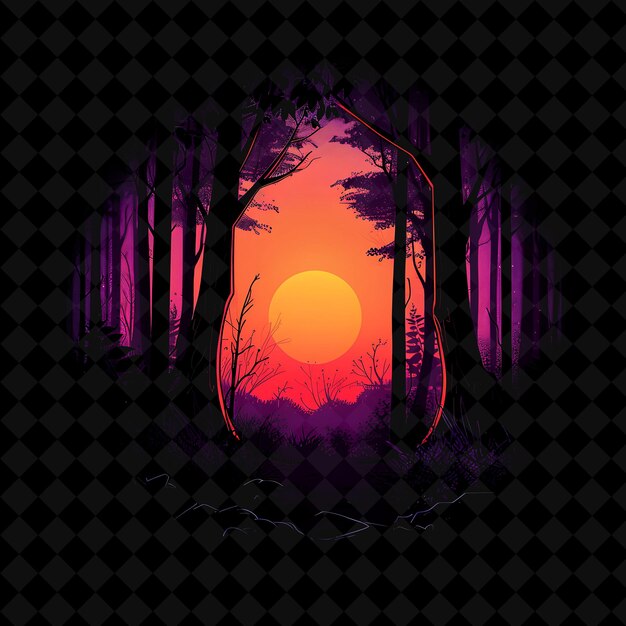 PSD shimmering neon surreal forest in a circular silhouette land png neon artistic landscape