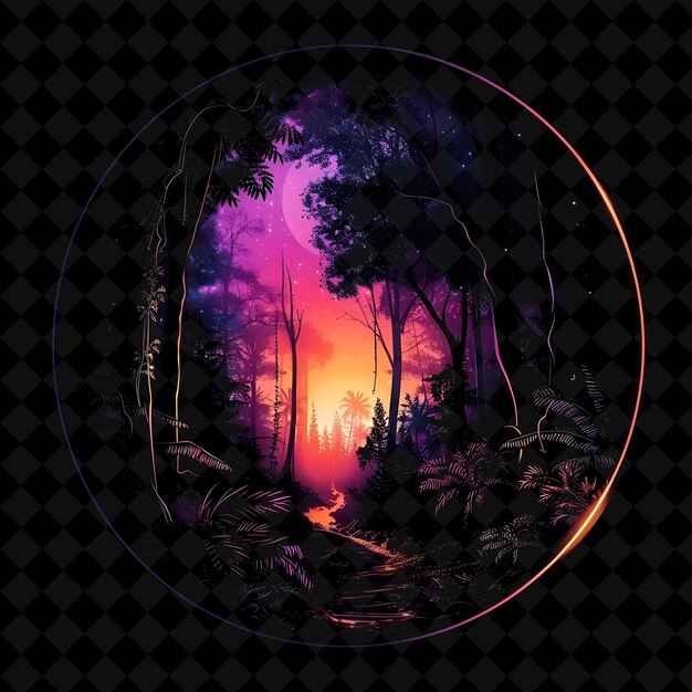 PSD shimmering neon surreal forest in a circular silhouette land png neon artistic landscape