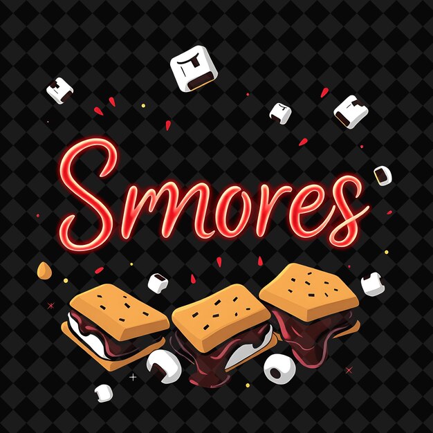 PSD shimmering smores text in neon red encircled by gooey smores and png inspired neon food decorma