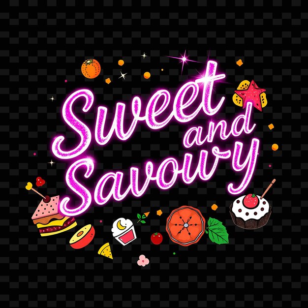 PSD shimmering sweet and savory text sparkles with neon pink and magenta neon yummy typography designa