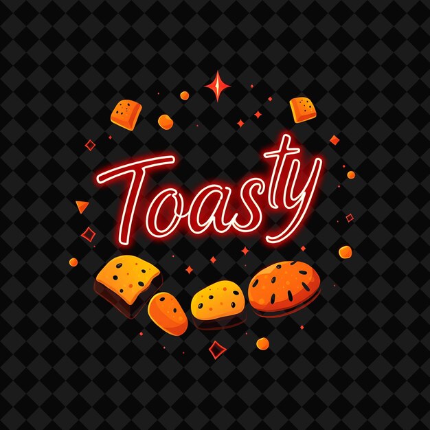 PSD shimmering toasty text in neon red encircled by toasty bread and png inspired neon food decorpa