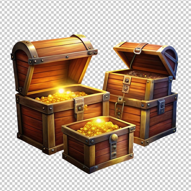 Shine in old wooden chest realistic composition on transparent background with vintage coffer and sparkling particles