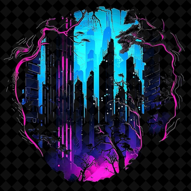 Shining Neon Decaying Vertical Forest Inside a Silhouette of PNG Neon Artistic Landscape