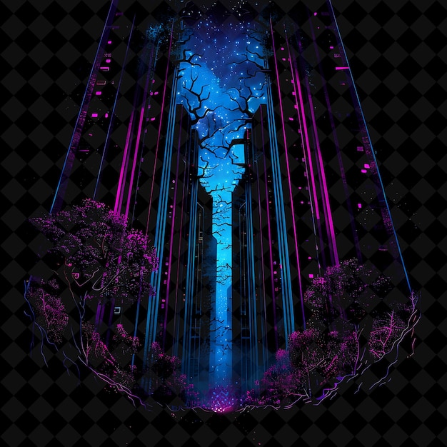 PSD shining neon decaying vertical forest inside a silhouette of png neon artistic landscape