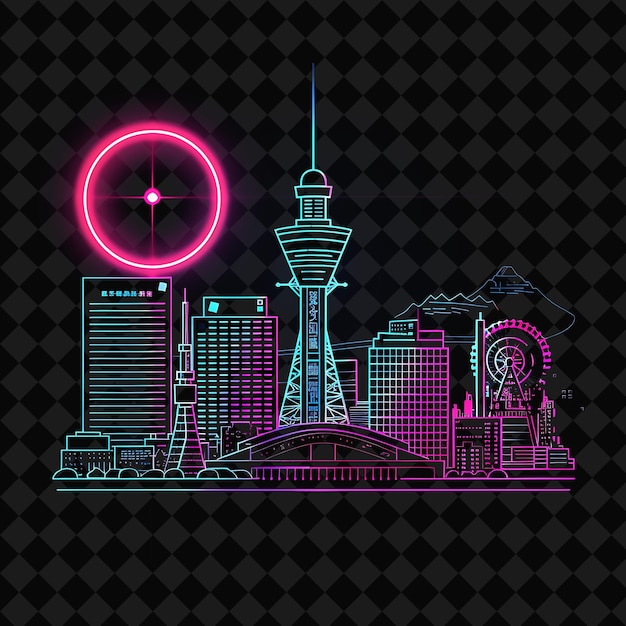 PSD shining neon osaka skyline within a silhouette square landsc png y2k monoline cityscape collage art