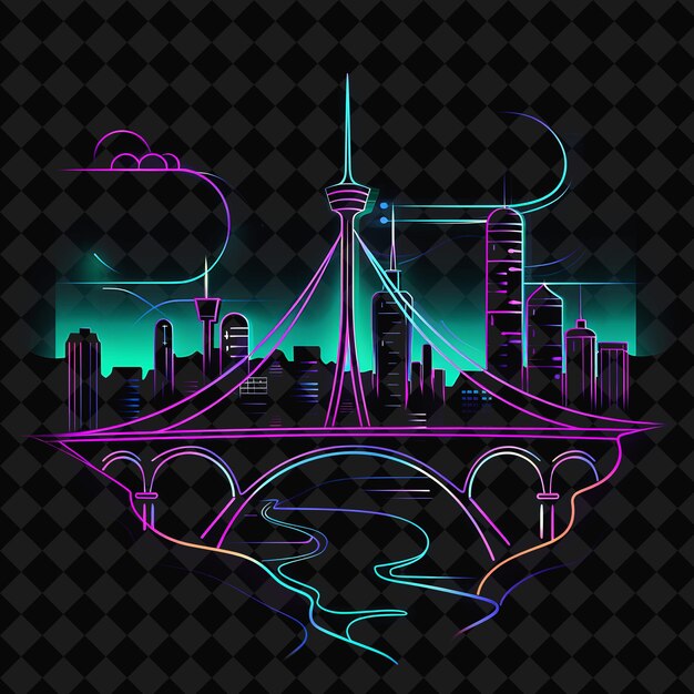 PSD shining neon tehran skyline within a silhouette square lands png y2k monoline cityscape collage art