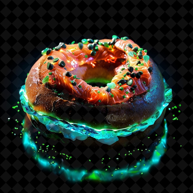 PSD shining neon waves new york style bagel with lox in a statue png neon food decor y2k collection