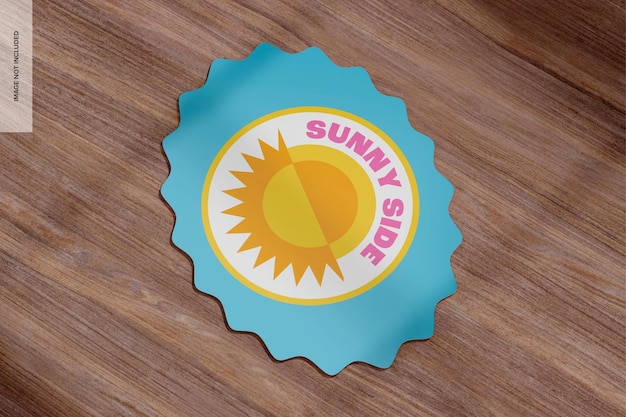 Shining Sticker on Wooden Background Mockup, High Angle View