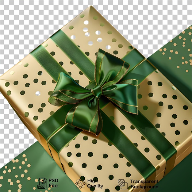 PSD shiny gold gift box with green ribbon isolated