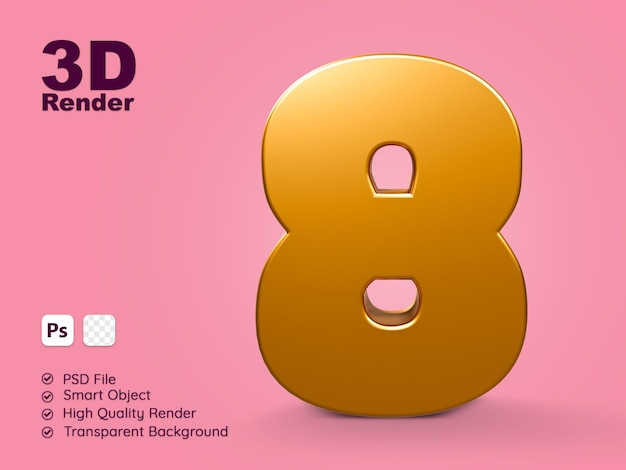 Shiny gold number eight 3d rendering front view