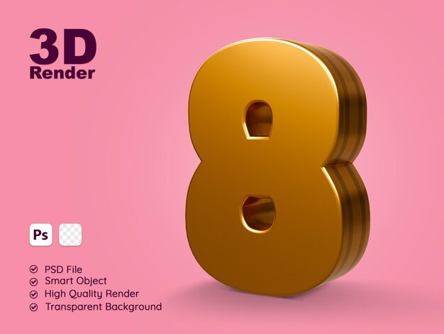 Shiny gold number eight 3d rendering right side view