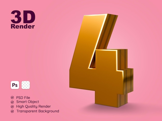 Shiny gold number four 3d rendering right side view