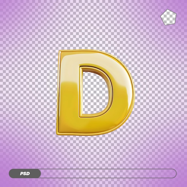 PSD shiny golden letter d isolated on transparent background