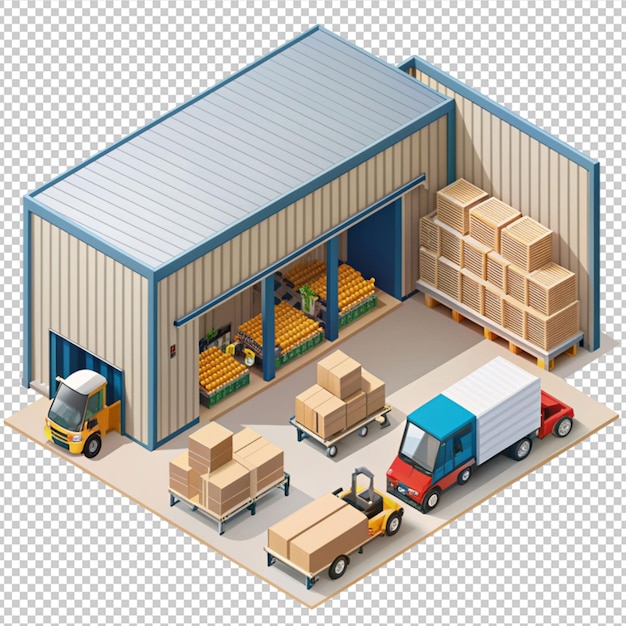 PSD shipment of goods to trucks from the warehouse isolated on transparent background