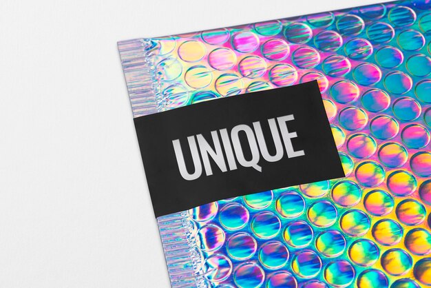 PSD shipping label mockup iridescent bubble mailer bag psd