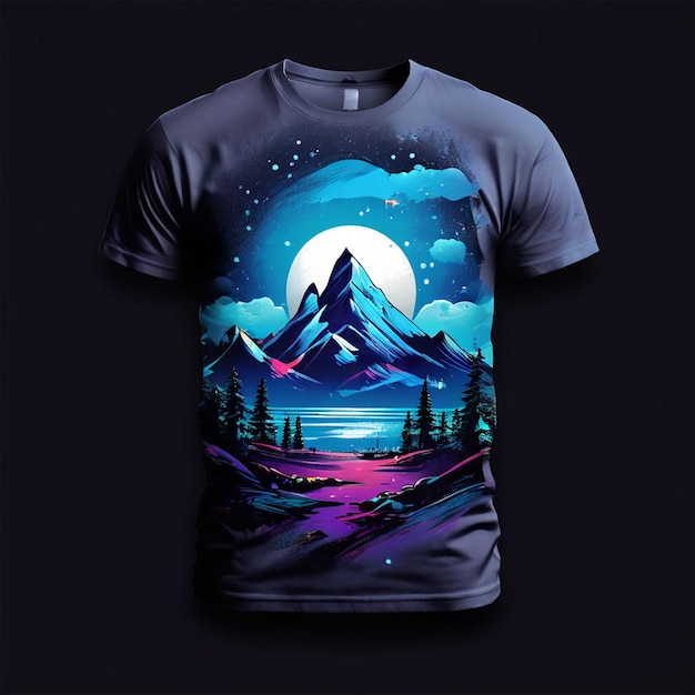 PSD a shirt with a mountain landscape and a lake with a moon and trees on it