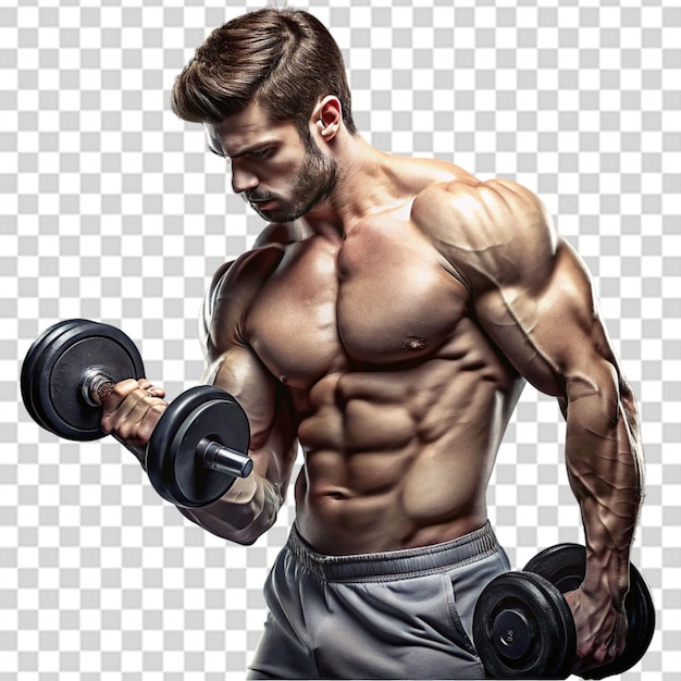 the shirtless muscular athletic male holds the burning barbell